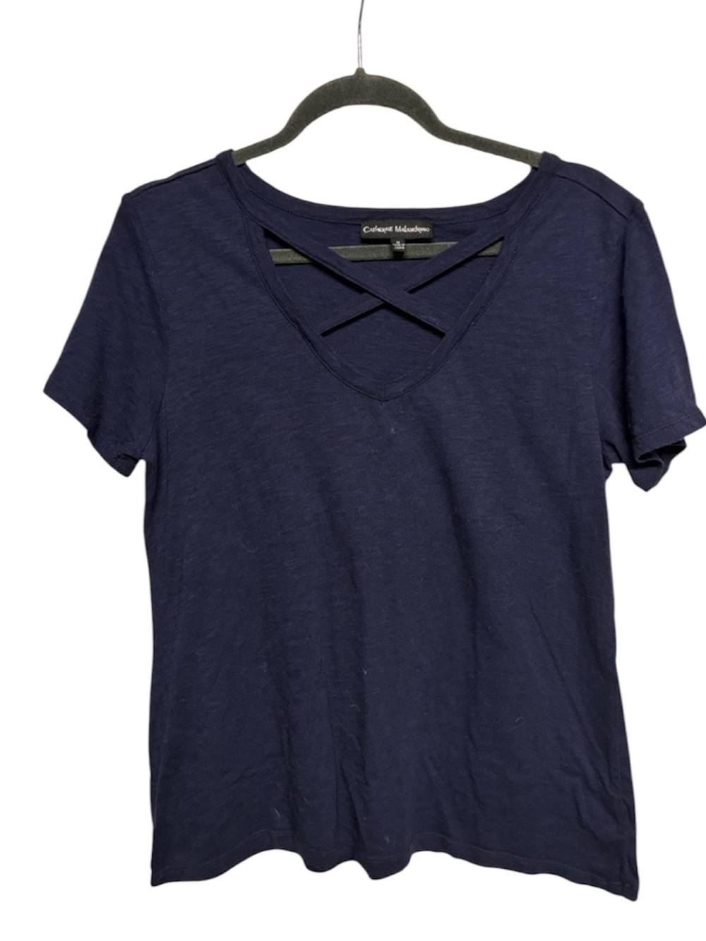 Catherine Malandrino Navy Crisscross V Neck Short Sleeve Top